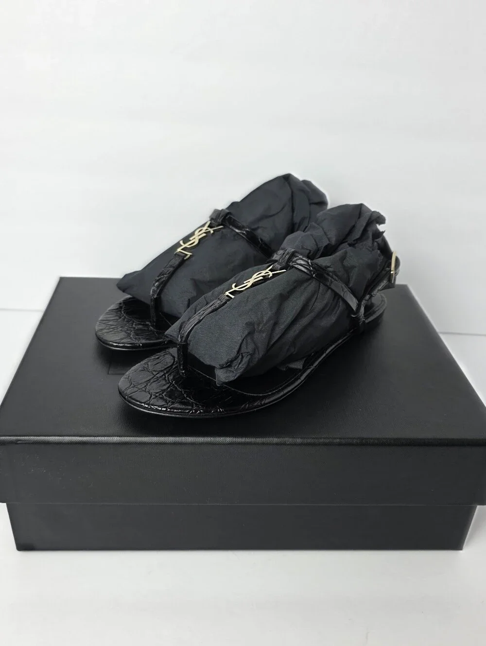 Saint Laurent Cassandra Embossed Croc Flat Sandals Black Size 6.5